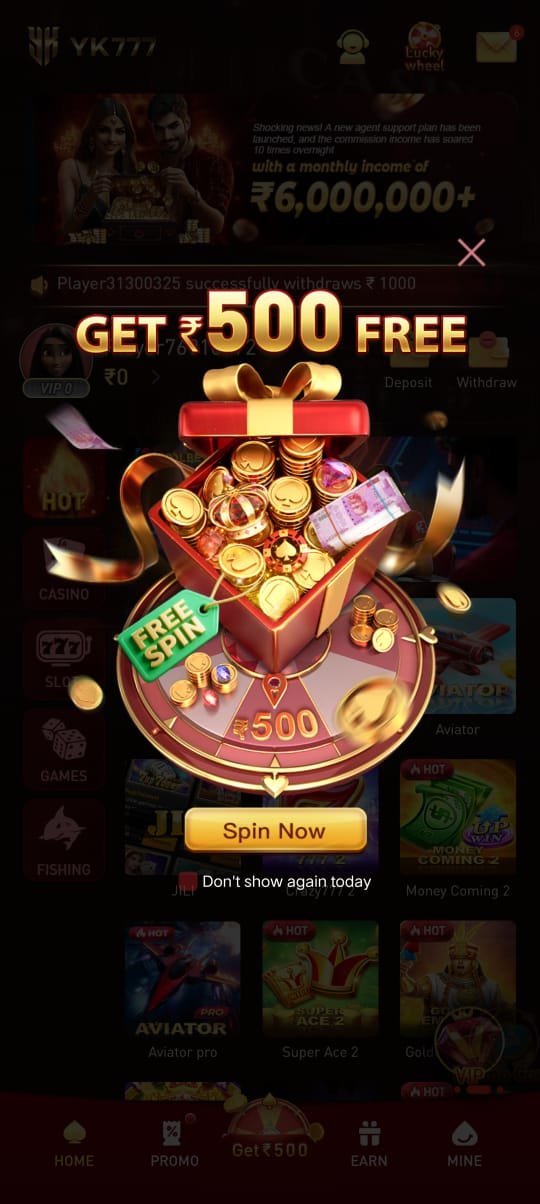 yk777 game offer popup showing get ₹500 free with a lucky spin reward box and spin now button