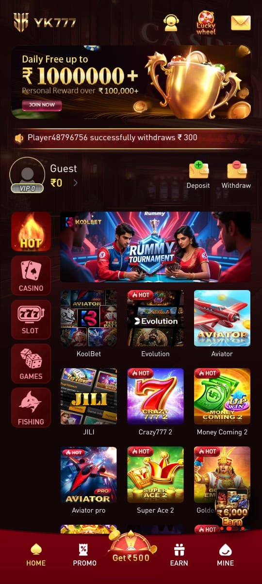 yk777 application home dashboard featuring rummy tournament banner, wallet balance, deposit and withdraw buttons and game icons